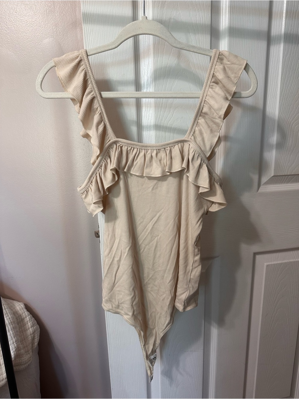 Amazon Beige Ruffled Square-Neck Bodysuit